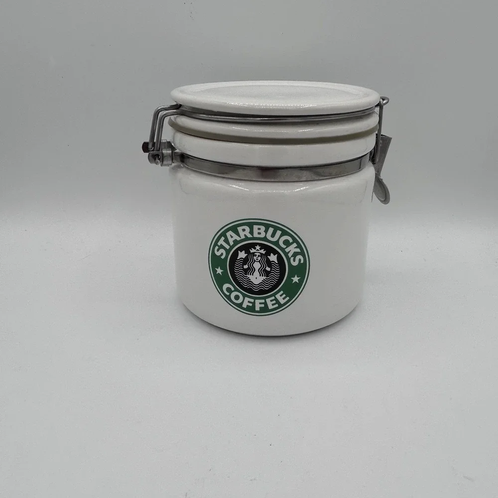 Starbucks White Ceramic Coffee Jar Airtight Locking Lid, 5.5